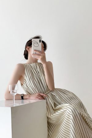 Elegant Striped Sleeveless Dress for Women - Summer Tank Maxi Dress with Niche French High-End Feel