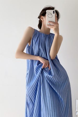 Elegant Striped Sleeveless Dress for Women - Summer Tank Maxi Dress with Niche French High-End Feel