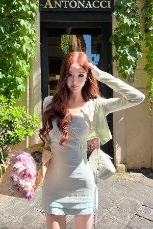 Elegant Summer Camisole Dress with Short Sleeves and Jacket for Women, Slim Fit, Stylish Floral Design, 90s Inspired Fashion