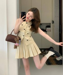 Elegant Summer Two-Piece Set for Women: Tailored Suit Vest & Pleated Short Skirt with Chic Style and Sophisticated Vibe