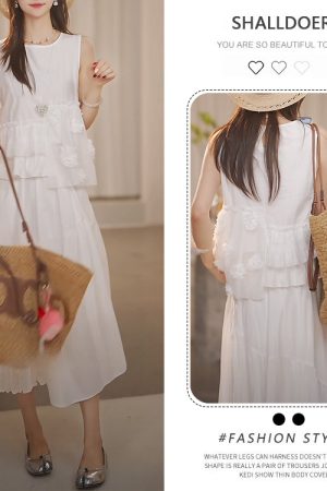 Elegant Summer Two-Piece Set with Petal Sleeveless Top and Skirt - High-End Fashion for a Chic Look