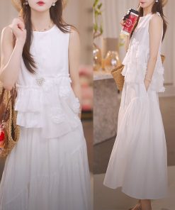 Elegant Summer Two-Piece Set with Petal Sleeveless Top and Skirt - High-End Fashion for a Chic Look