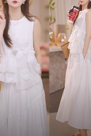 Elegant Summer Two-Piece Set with Petal Sleeveless Top and Skirt - High-End Fashion for a Chic Look