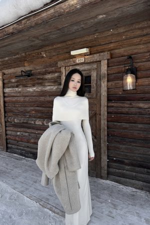 Elegant Temperament Detachable Shawl Imitation Cashmere Knitted Base Dress for Autumn Winter, Chic 90s Inspired Fashion