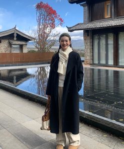 Elegant Vintage Double-Sided Wool Coat for Women - Autumn Winter Loose Mid-Length Outerwear