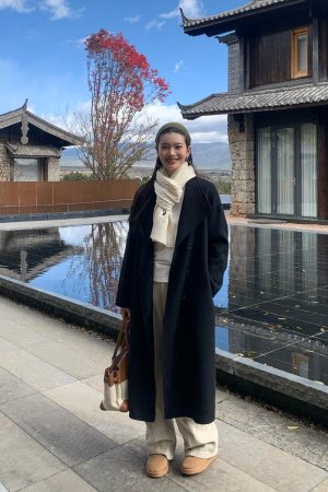 Elegant Vintage Double-Sided Wool Coat for Women - Autumn Winter Loose Mid-Length Outerwear