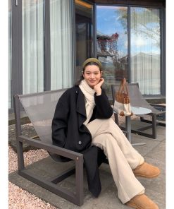 Elegant Vintage Double-Sided Wool Coat for Women - Autumn Winter Loose Mid-Length Outerwear