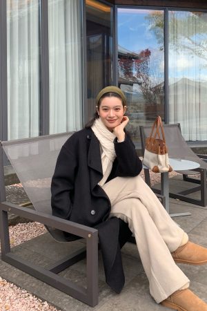 Elegant Vintage Double-Sided Wool Coat for Women - Autumn Winter Loose Mid-Length Outerwear