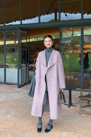 Elegant Vintage Double-Sided Wool Coat for Women - Autumn Winter Loose Mid-Length Outerwear