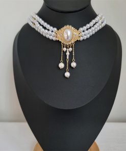 Elegant Vintage French Choker Necklace with Oval Pearl and Tassel Design, Diamond Inlay Collar Chain for Women