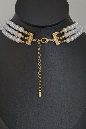 Elegant Vintage French Choker Necklace with Oval Pearl and Tassel Design, Diamond Inlay Collar Chain for Women