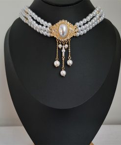 Elegant Vintage French Choker Necklace with Oval Pearl and Tassel Design, Diamond Inlay Collar Chain for Women