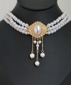 Elegant Vintage French Choker Necklace with Oval Pearl and Tassel Design, Diamond Inlay Collar Chain for Women