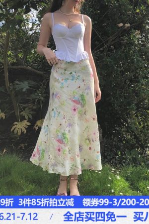 Elegant Vintage Retro Plant Series Mermaid Long Skirt - Low Waist Versatile Design - Chic Y2K Fashion for Effortless Style