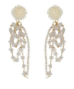 Elegant White Camellia Crystal Long Beaded Earrings for Women - Ethereal Light Luxury Incense Plate Ear Clips