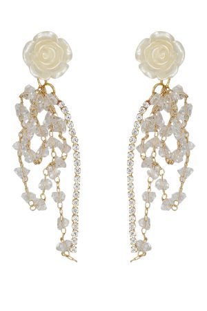 Elegant White Camellia Crystal Long Beaded Earrings for Women - Ethereal Light Luxury Incense Plate Ear Clips