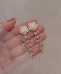 Elegant White Camellia Crystal Long Beaded Earrings for Women - Ethereal Light Luxury Incense Plate Ear Clips