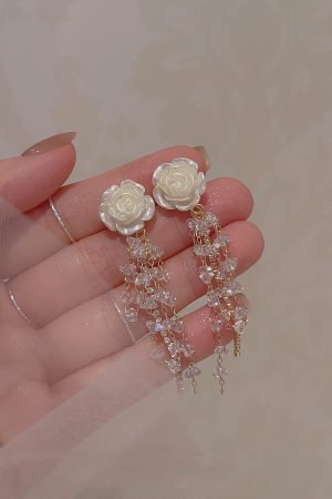 Elegant White Camellia Crystal Long Beaded Earrings for Women - Ethereal Light Luxury Incense Plate Ear Clips