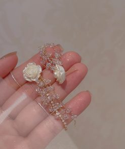 Elegant White Camellia Crystal Long Beaded Earrings for Women - Ethereal Light Luxury Incense Plate Ear Clips