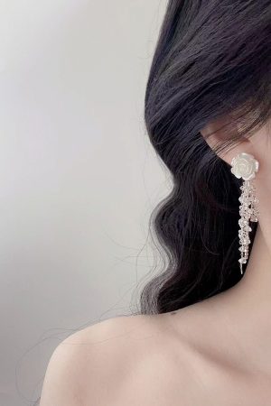 Elegant White Camellia Crystal Long Beaded Earrings for Women - Ethereal Light Luxury Incense Plate Ear Clips