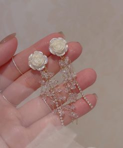 Elegant White Camellia Crystal Long Beaded Earrings for Women - Ethereal Light Luxury Incense Plate Ear Clips