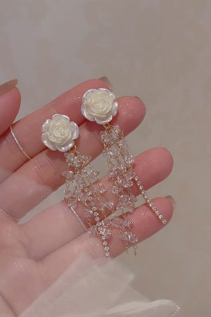Elegant White Camellia Crystal Long Beaded Earrings for Women - Ethereal Light Luxury Incense Plate Ear Clips