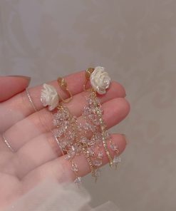 Elegant White Camellia Crystal Long Beaded Earrings for Women - Ethereal Light Luxury Incense Plate Ear Clips