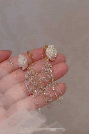 Elegant White Camellia Crystal Long Beaded Earrings for Women - Ethereal Light Luxury Incense Plate Ear Clips