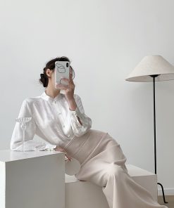 Elegant White Chinese Style Stand Collar Shirt for Women - Bamboo and Bird Design, Han Element Top for Spring 2025