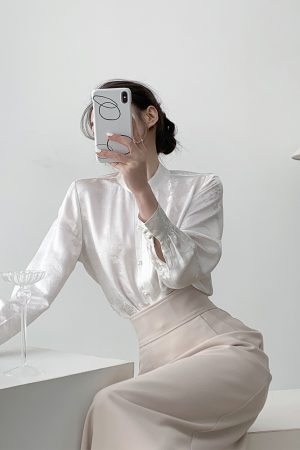 Elegant White Chinese Style Stand Collar Shirt for Women - Bamboo and Bird Design, Han Element Top for Spring 2025