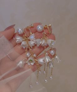 Elegant White Lily of the Valley Bead Tassel Drop Earrings for Women - Long Seaside Vacation Style Ear Accessories