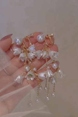 Elegant White Lily of the Valley Bead Tassel Drop Earrings for Women - Long Seaside Vacation Style Ear Accessories