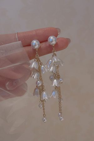 Elegant White Lily of the Valley Bead Tassel Drop Earrings for Women - Long Seaside Vacation Style Ear Accessories