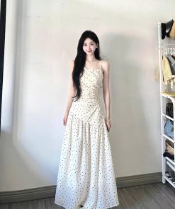 Elegant White Polka Dot Spaghetti Strap Dress for Women, French-Style, Waist-Cinching Design, Long Summer Dress