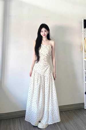 Elegant White Polka Dot Spaghetti Strap Dress for Women, French-Style, Waist-Cinching Design, Long Summer Dress