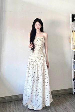 Elegant White Polka Dot Spaghetti Strap Dress for Women, French-Style, Waist-Cinching Design, Long Summer Dress
