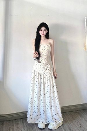 Elegant White Polka Dot Spaghetti Strap Dress for Women, French-Style, Waist-Cinching Design, Long Summer Dress