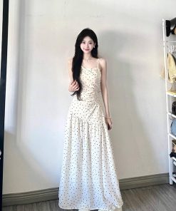 Elegant White Polka Dot Spaghetti Strap Dress for Women, French-Style, Waist-Cinching Design, Long Summer Dress
