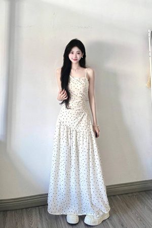 Elegant White Polka Dot Spaghetti Strap Dress for Women, French-Style, Waist-Cinching Design, Long Summer Dress