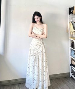 Elegant White Polka Dot Spaghetti Strap Dress for Women, French-Style, Waist-Cinching Design, Long Summer Dress