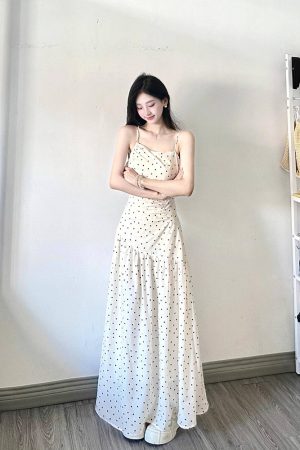 Elegant White Polka Dot Spaghetti Strap Dress for Women, French-Style, Waist-Cinching Design, Long Summer Dress