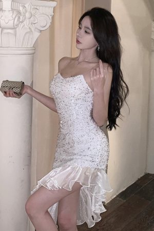 Elegant White Sequin Mermaid Dress for Women, Spaghetti Strap Birthday Party Gown, French High-End Style, Sexy Evening Wear