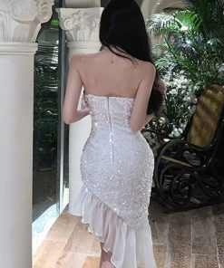 Elegant White Sequin Mermaid Dress for Women, Spaghetti Strap Birthday Party Gown, French High-End Style, Sexy Evening Wear