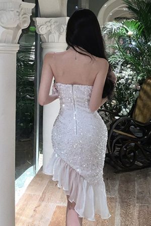 Elegant White Sequin Mermaid Dress for Women, Spaghetti Strap Birthday Party Gown, French High-End Style, Sexy Evening Wear
