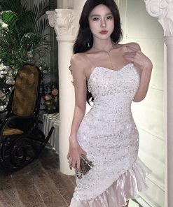 Elegant White Sequin Mermaid Dress for Women, Spaghetti Strap Birthday Party Gown, French High-End Style, Sexy Evening Wear