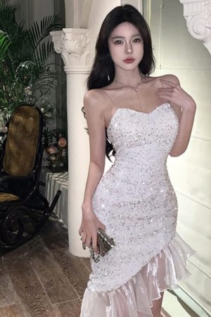 Elegant White Sequin Mermaid Dress for Women, Spaghetti Strap Birthday Party Gown, French High-End Style, Sexy Evening Wear