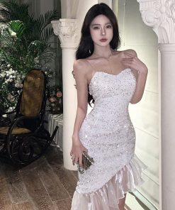 Elegant White Sequin Mermaid Dress for Women, Spaghetti Strap Birthday Party Gown, French High-End Style, Sexy Evening Wear