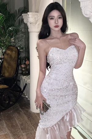 Elegant White Sequin Mermaid Dress for Women, Spaghetti Strap Birthday Party Gown, French High-End Style, Sexy Evening Wear