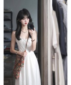 Elegant White Spaghetti Strap Dress with Fairy Waist-Cinching, Slim-Fitting Design - Summer Vacation Style in French-Inspired Fashion