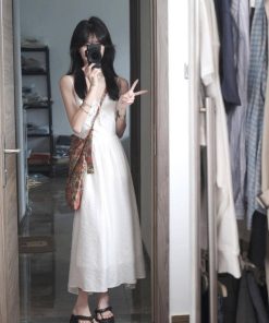 Elegant White Spaghetti Strap Dress with Fairy Waist-Cinching, Slim-Fitting Design - Summer Vacation Style in French-Inspired Fashion